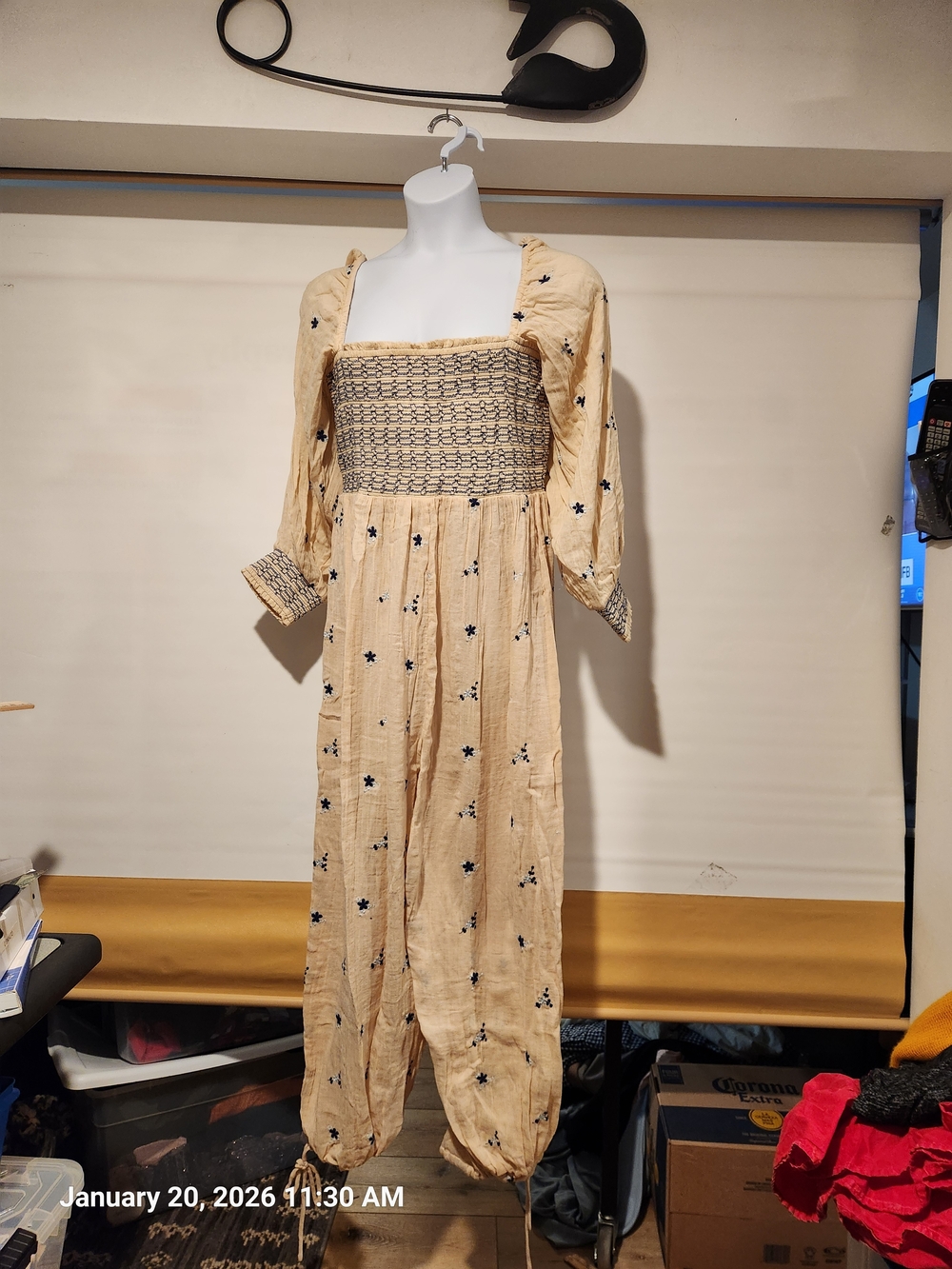 Free People Beige Jumpsuit with Navy Embroidery Nwt